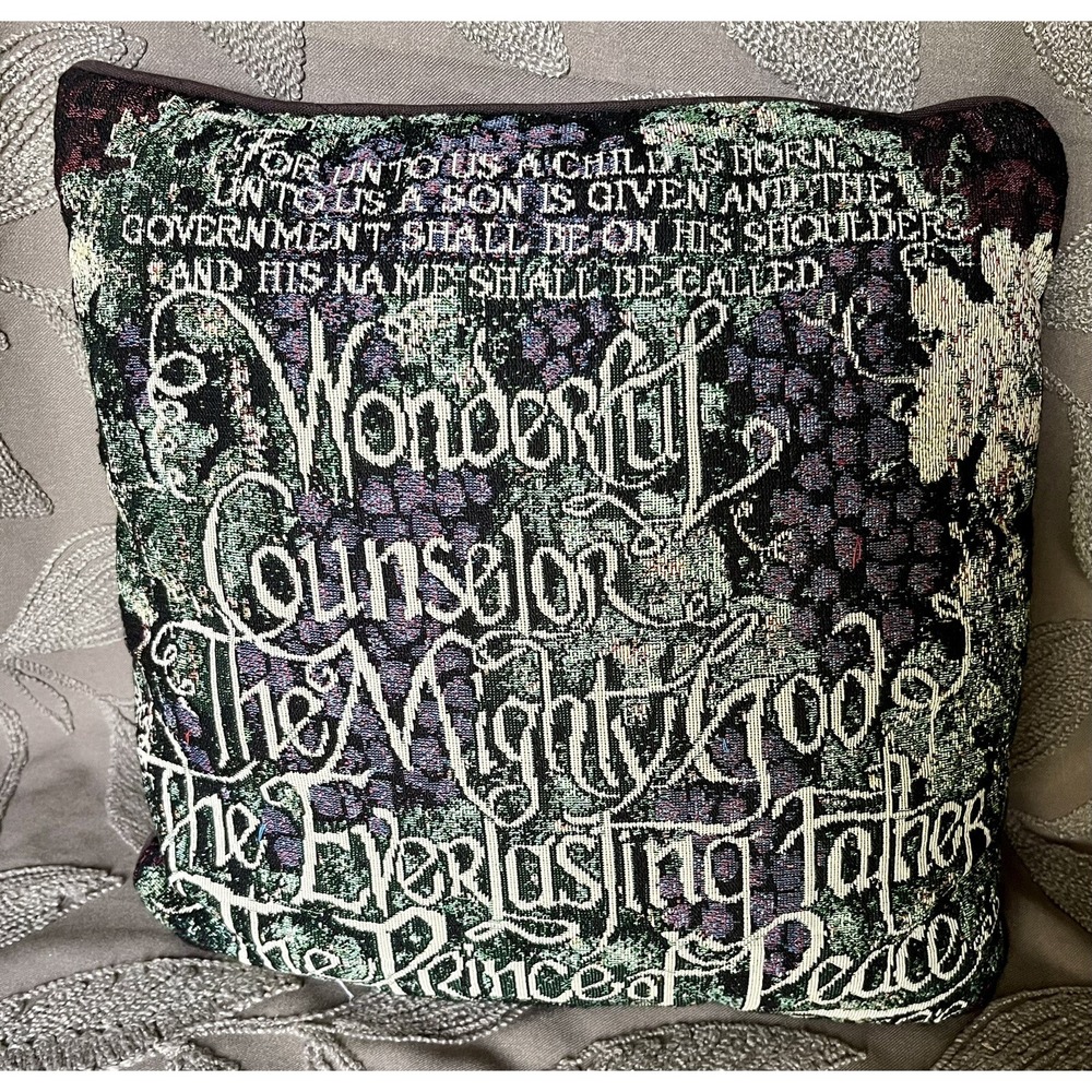 Isaiah 9:6 Scripture Tapestry Throw Pillow Woven Christmas Decor Grapes Motif